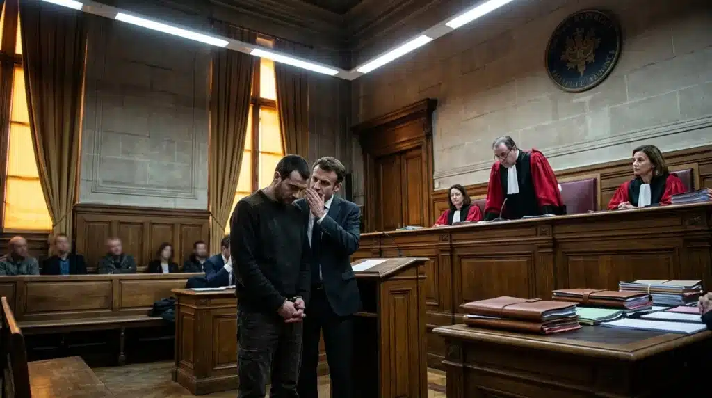 Avocat et client dans une salle d'audience avec magistrats.