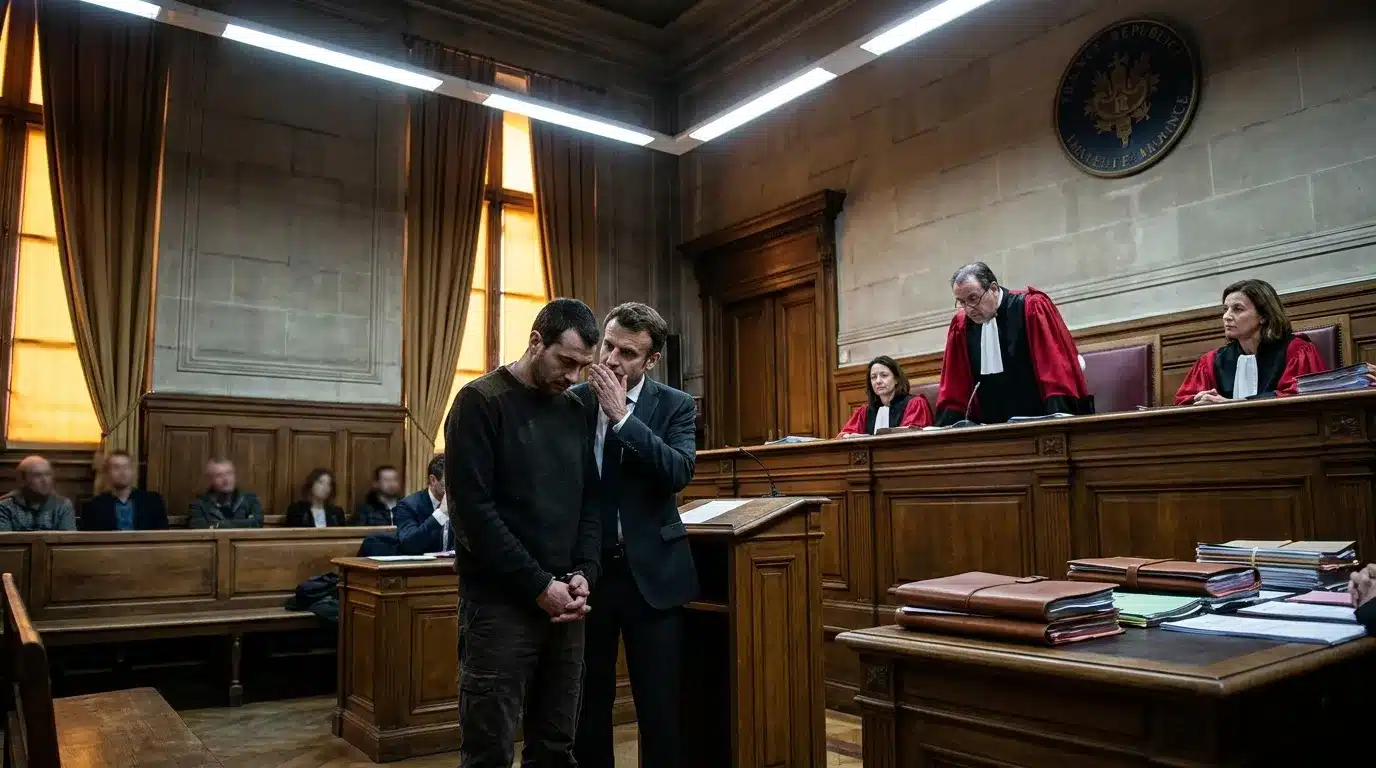 Avocat et client dans une salle d'audience avec magistrats.
