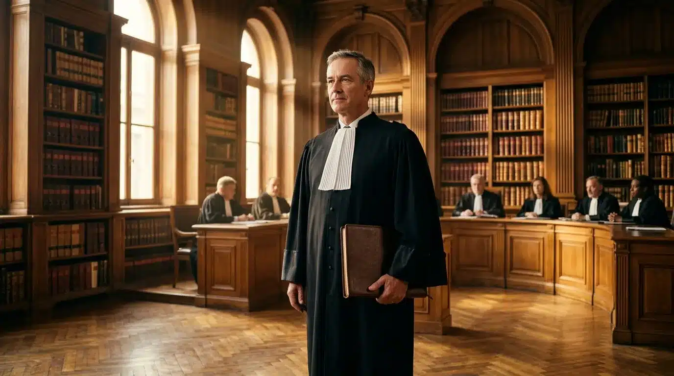Avocat en robe noire tenant un dossier dans tribunal majestueux
