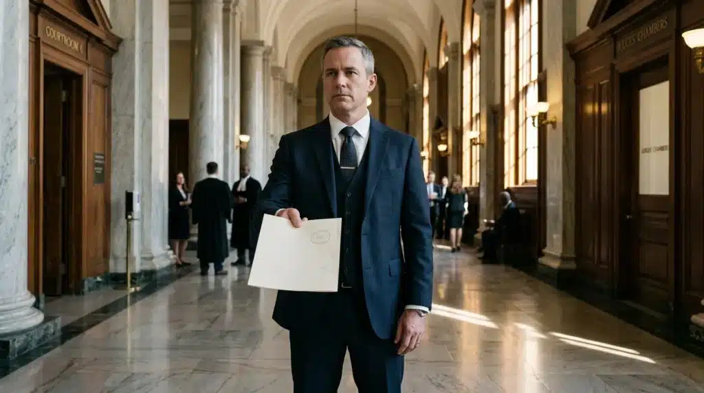 Homme en costume bleu tenant document dans corridor officiel