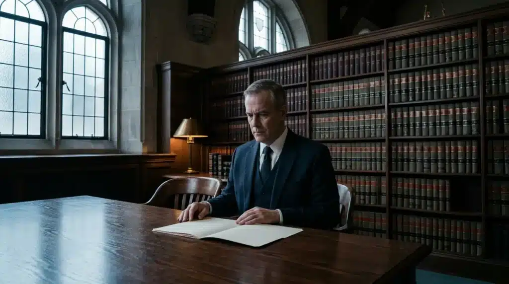 Homme en costume consulte un document dans une bibliothèque juridique