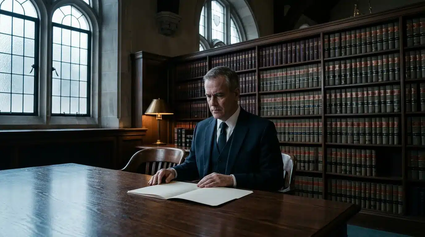 Homme en costume consulte un document dans une bibliothèque juridique