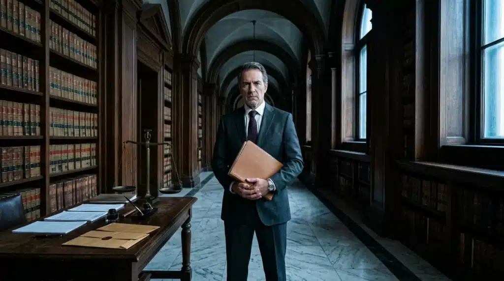 Homme en costume tenant un dossier dans une bibliothèque de droit