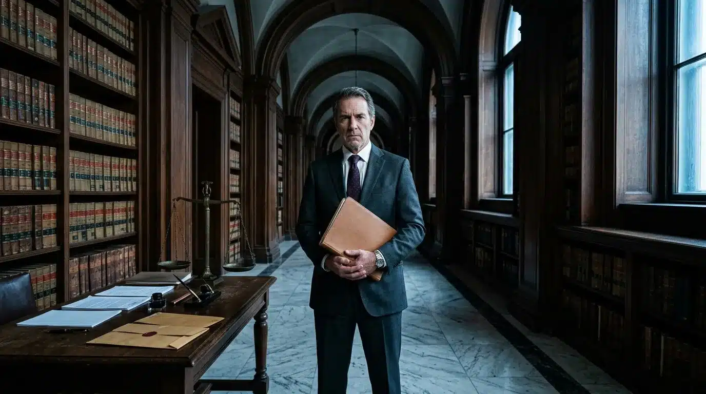 Homme en costume tenant un dossier dans une bibliothèque de droit