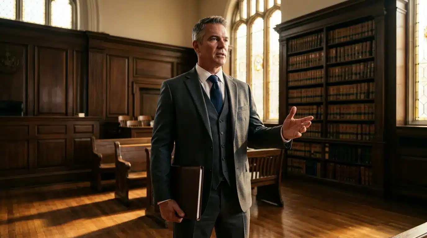Homme en costume gris parlant dans une bibliothèque juridique