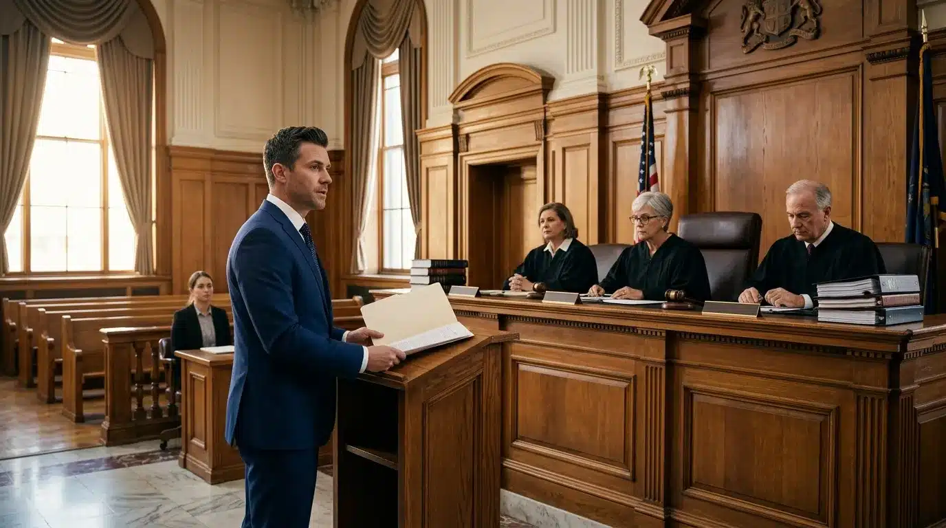 Homme en costume bleu présentant ses arguments devant trois juges en robe noire