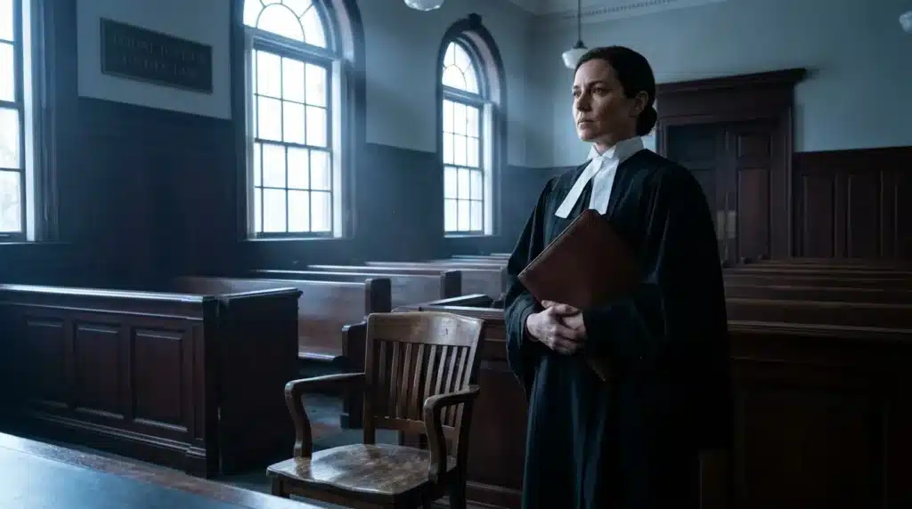 Femme avocate en robe noire tenant un dossier dans un tribunal
