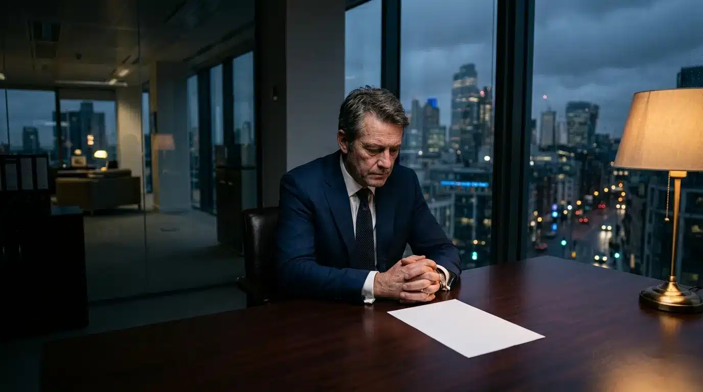 Homme d'affaires en costume regardant document sur bureau gratte-ciel