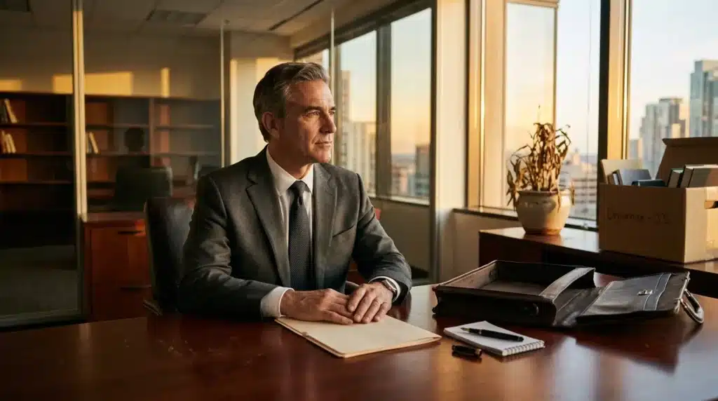 Homme d'affaires assis à son bureau, regardant par la fenêtre.