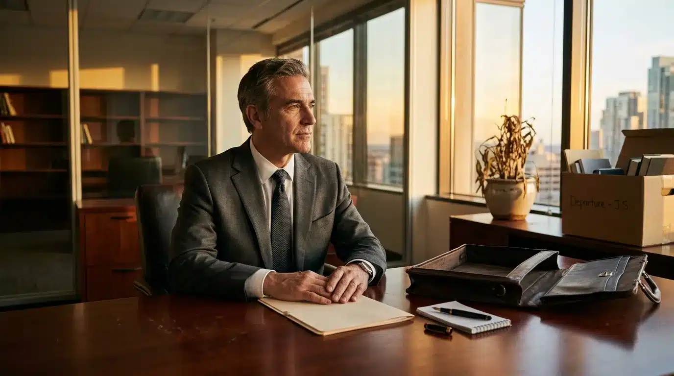 Homme d'affaires assis à son bureau, regardant par la fenêtre.