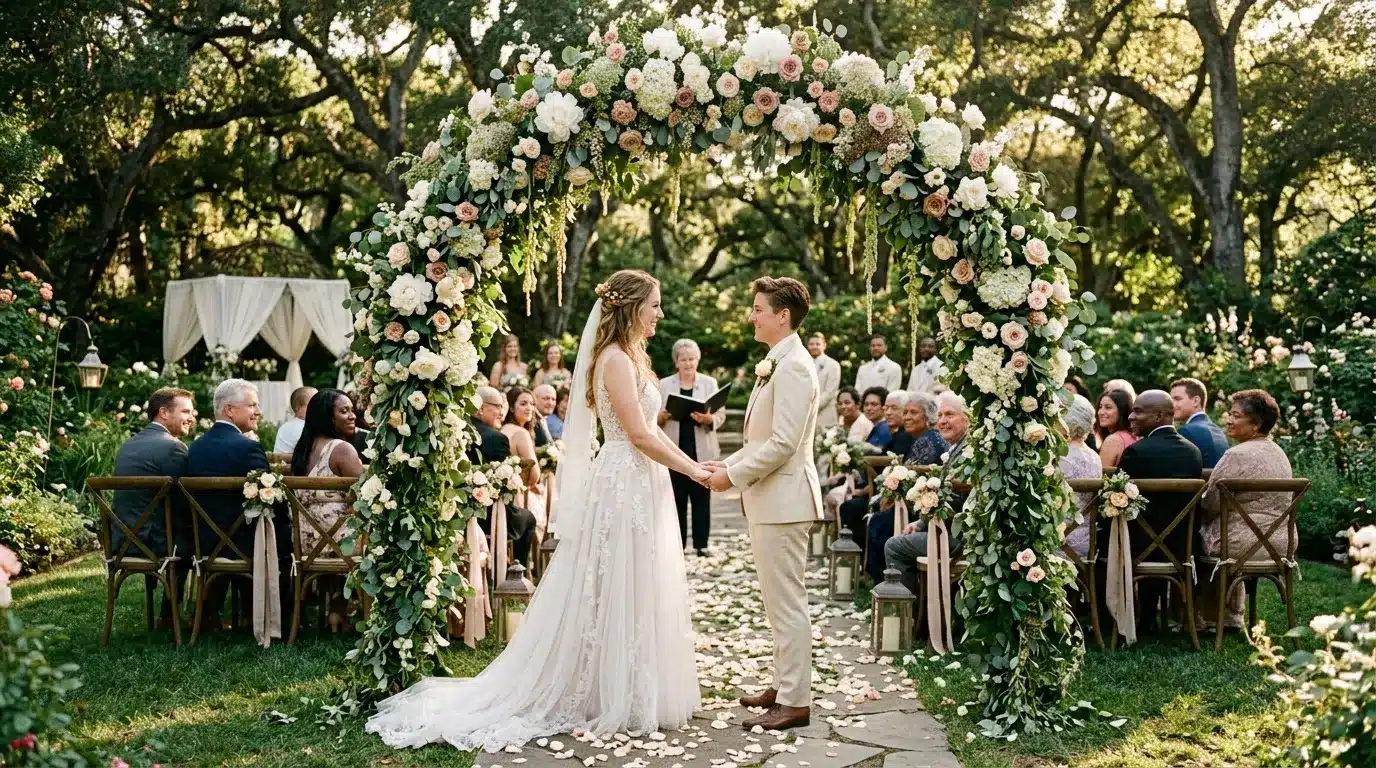 Couple échange les vœux sous arche fleurie naturelle