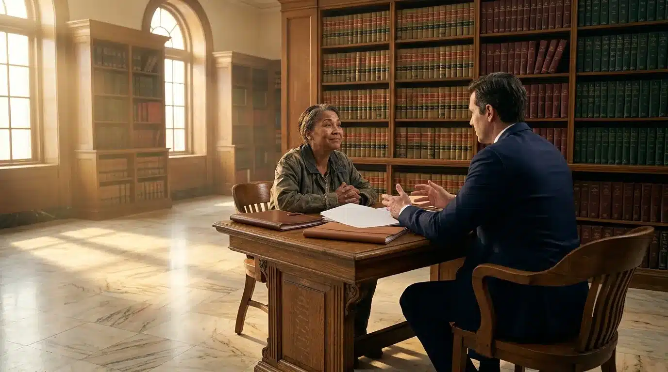 Avocat et cliente discutent dans une bibliothèque juridique