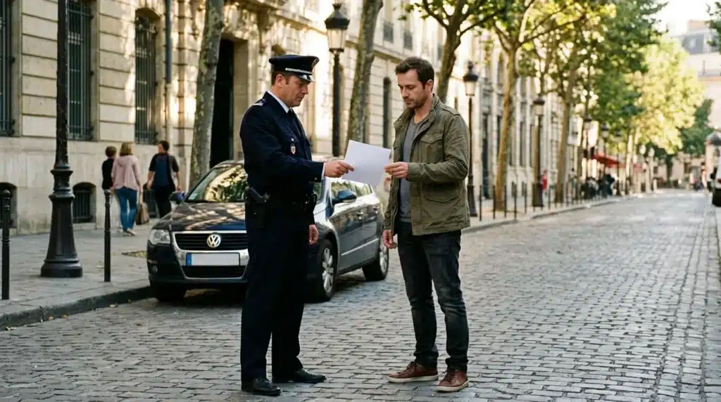 Policier vérifiant les documents d'un automobiliste dans une rue parisienne