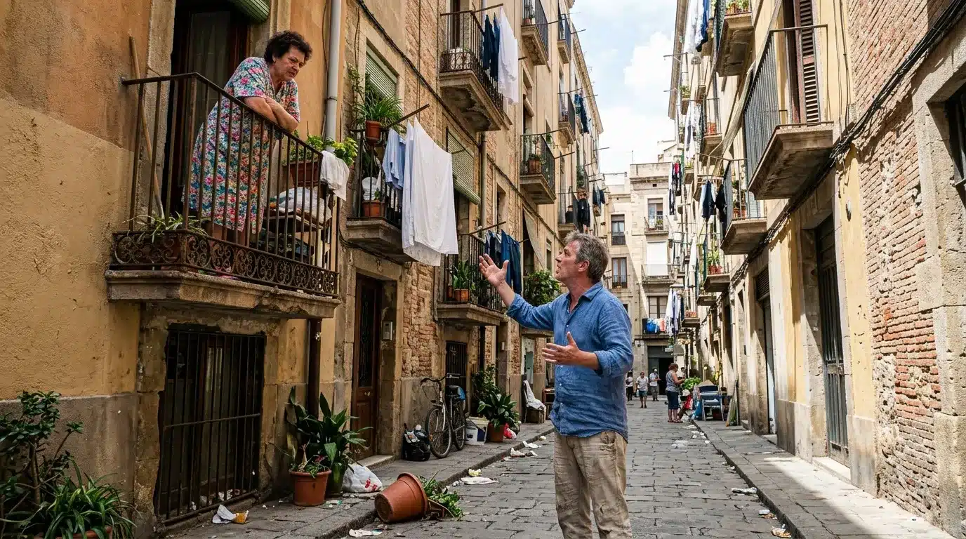 Homme et femme conversent dans une ruelle méditerranéenne étroite.