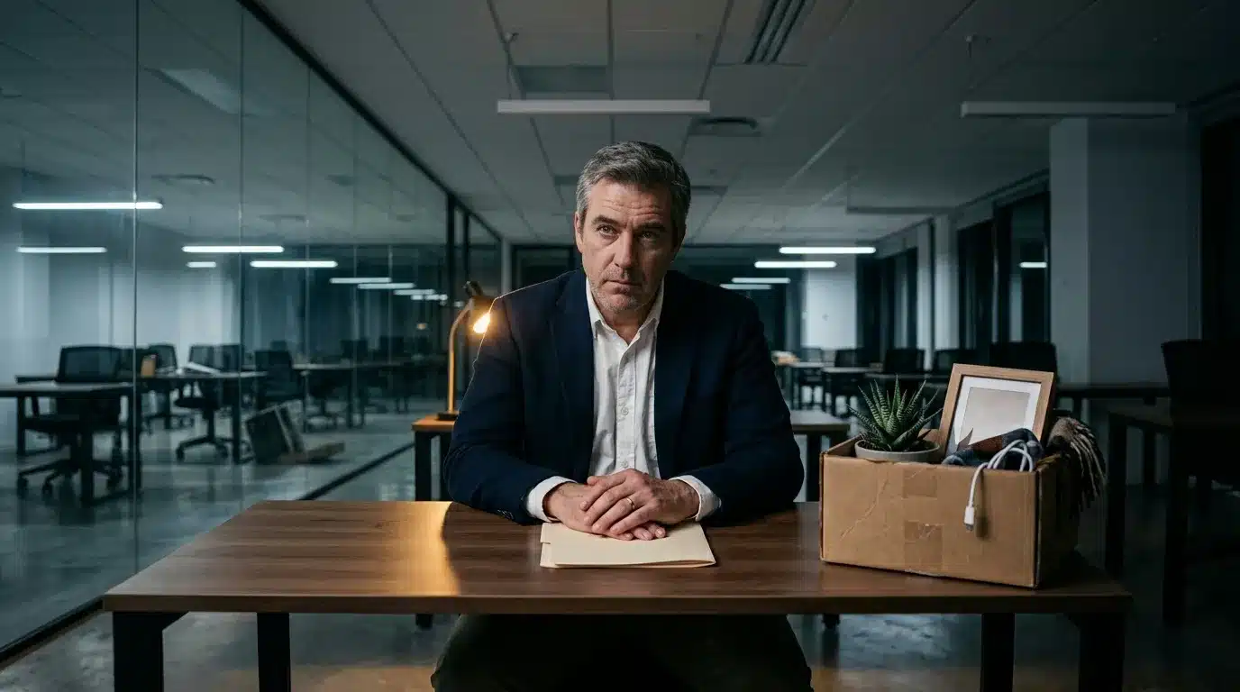 Homme d'affaires quittant son bureau avec carton personnel