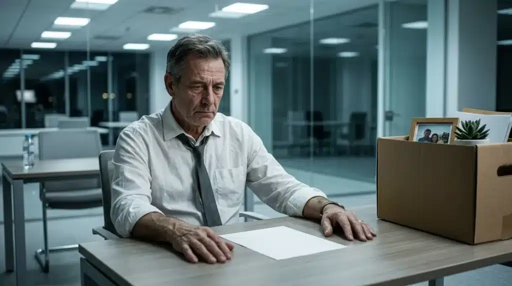 Homme d'âge moyen triste à son bureau avec carton de déménagement