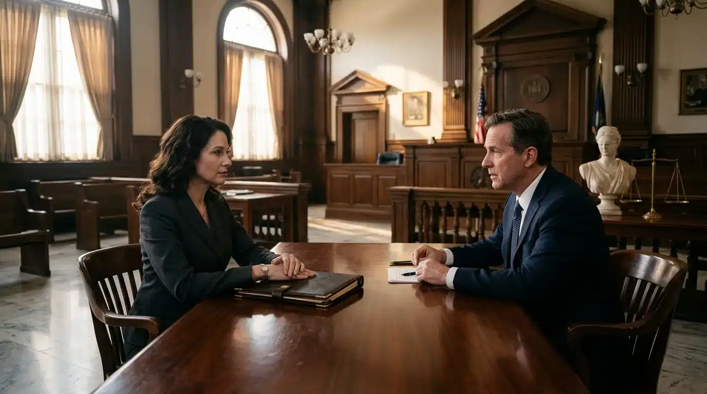 Deux avocats en discussion dans une salle d'audience.