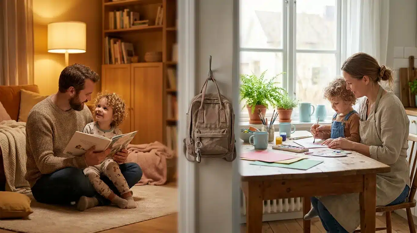 Père lisant avec enfant, mère dessinant avec enfant à table