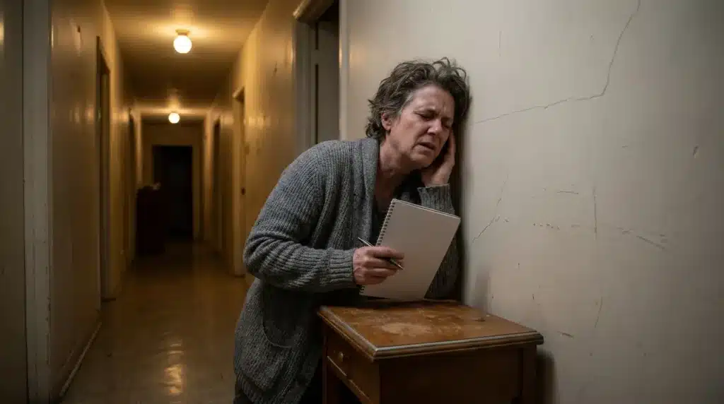 Femme dans un couloir sombre tenant un papier inquiet
