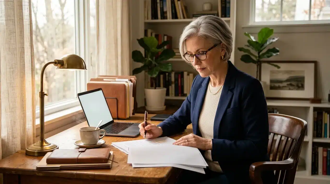 Femme âgée écrivant à son bureau avec ordinateur