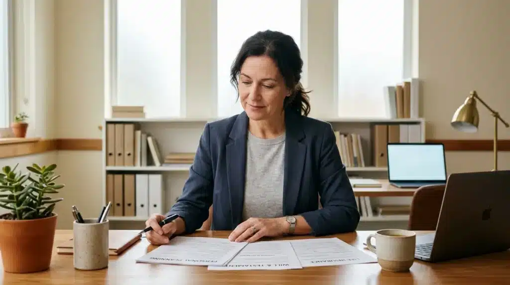 Femme en blazer navy écrivant sur des documents à son bureau