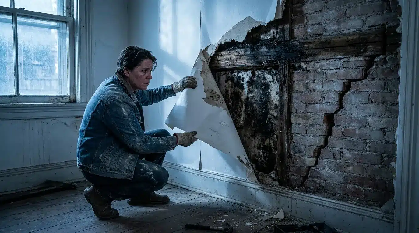 Femme inspectant un mur de brique détérioré dans une pièce abandonnée