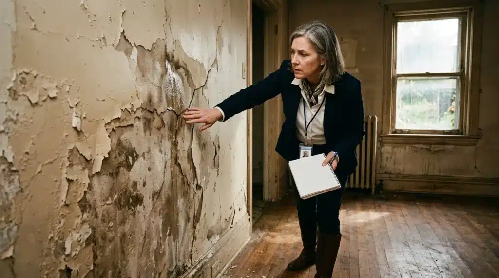 Femme inspectrice examine mur endommagé, dégradation visible