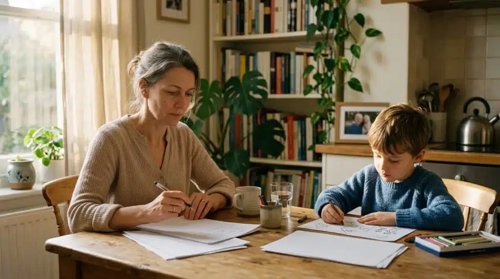 Femme et enfant étudient ensemble à une table en bois