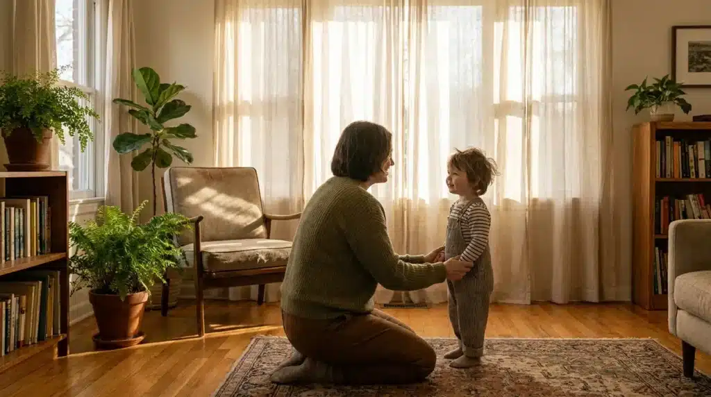 Grand-mère et petite-fille se tiennent les mains dans salon lumineux