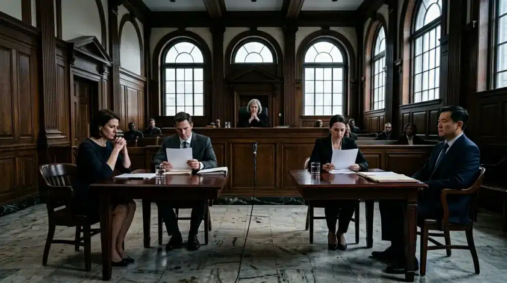 Avocats et témoins debout dans une salle d'audience historique.