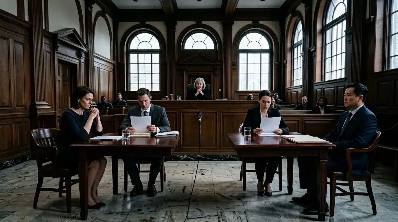 Avocats et témoins debout dans une salle d'audience historique.