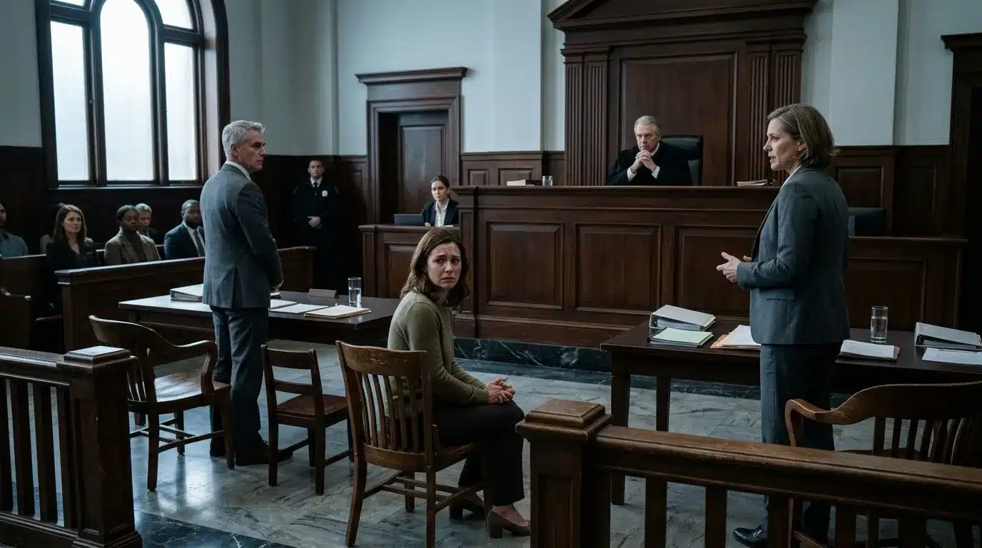 Avocate et homme debout face à femme assise au tribunal