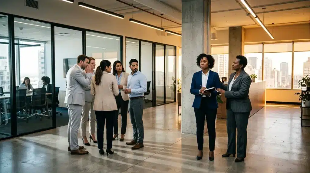 Professionnels discutant dans un bureau moderne avec vue urbaine