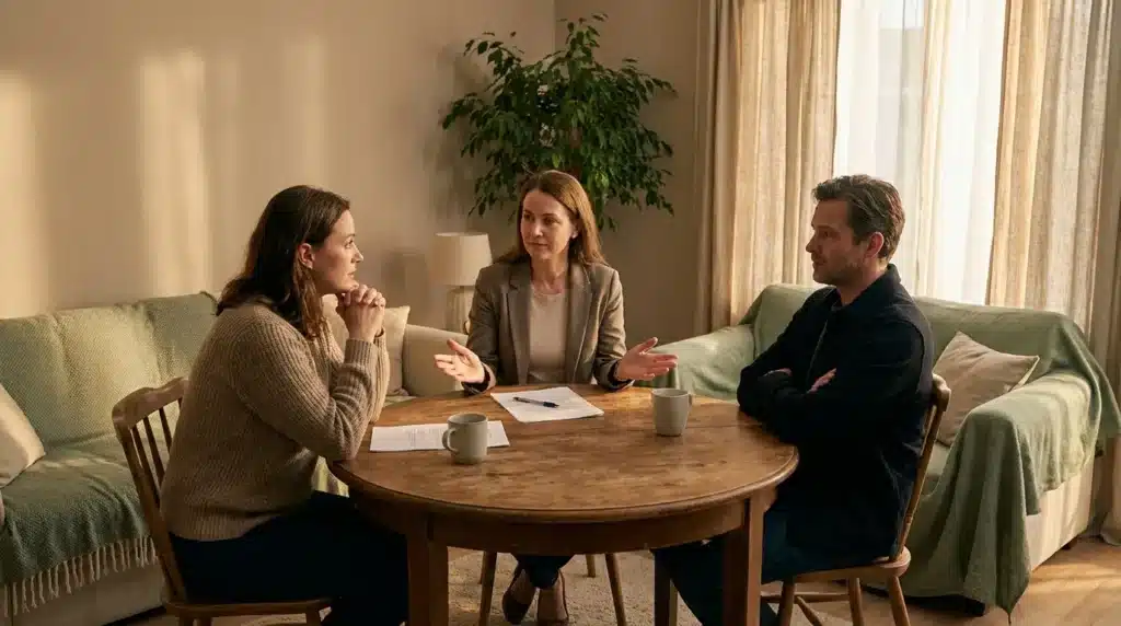 Trois personnes discutent autour d'une table ronde en bois