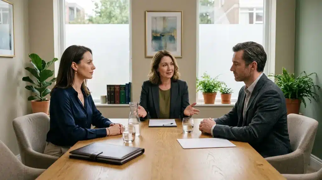 Trois professionnels discutent autour d'une table de réunion