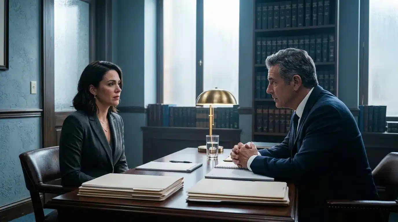 Deux avocats en discussion dans un bureau avec bibliothèque