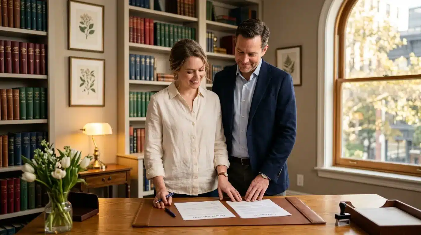 Deux professionnels signent des documents dans un bureau élégant