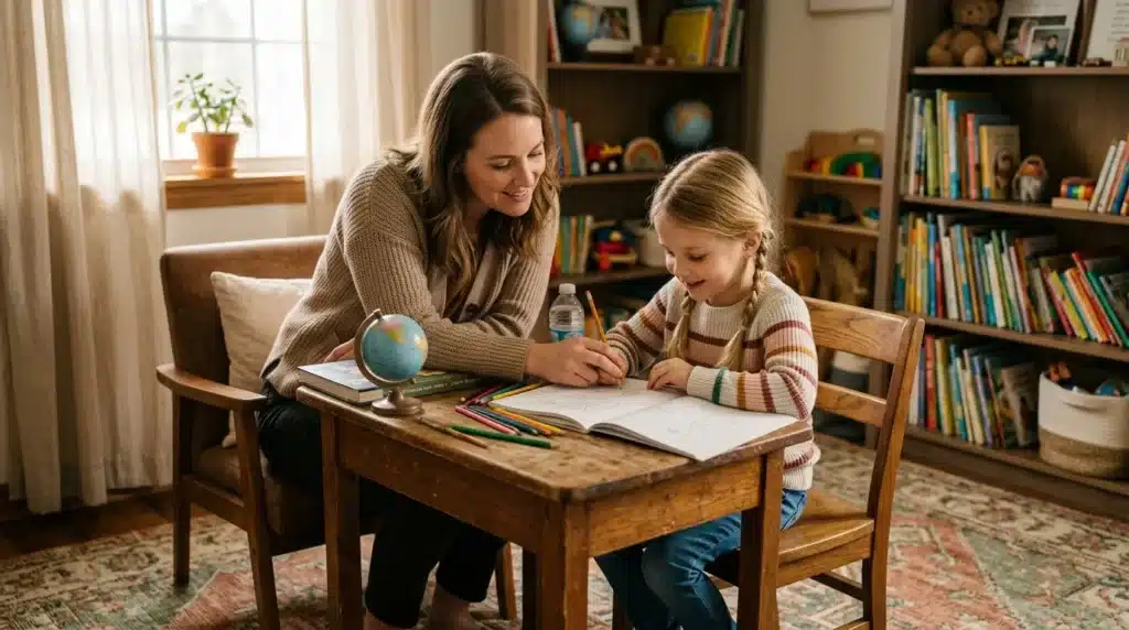 Mère et enfant étudient ensemble à une table en bois