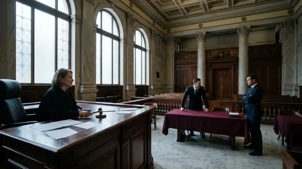 Juge et avocats dans une salle de tribunal élégante
