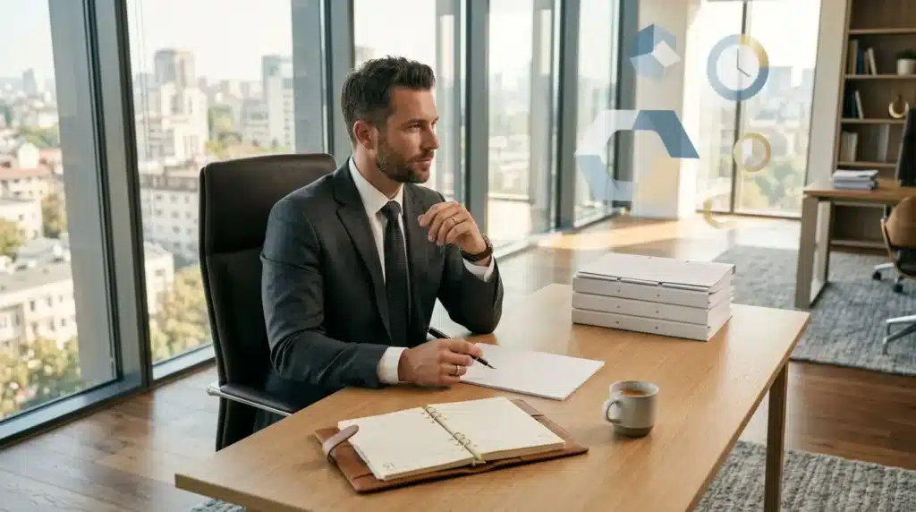 Homme d'affaires en costume réfléchit dans un bureau moderne avec vue panoramique