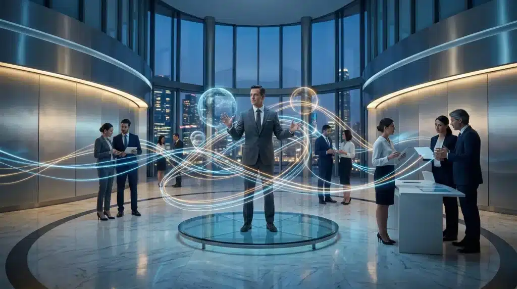 Professionnels discutant avec visualisations numériques holographiques