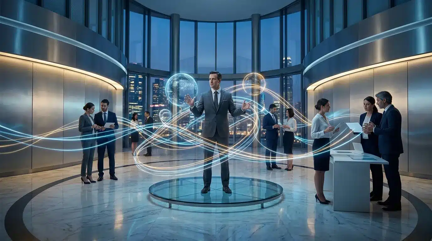 Professionnels discutant avec visualisations numériques holographiques