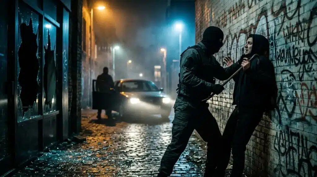 Deux hommes s'affrontent dans une ruelle sombre la nuit