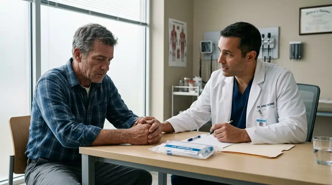 Médecin en blouse blanche discutant avec patient assis