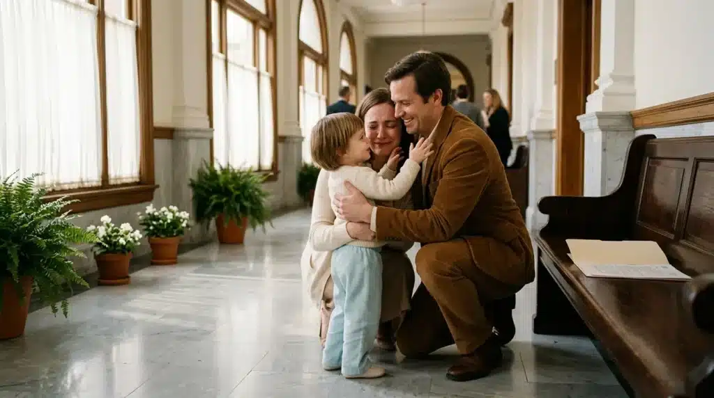 Famille souriante avec enfant dans un couloir lumineux aux plantes