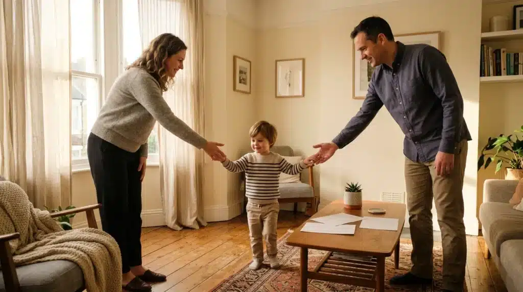Parents et enfant jouent dans un salon lumineux et confortable