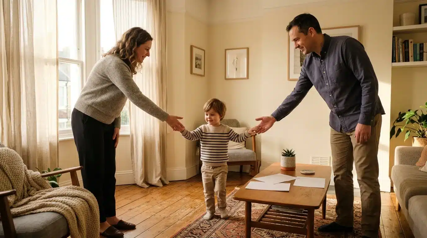 Parents et enfant jouent dans un salon lumineux et confortable