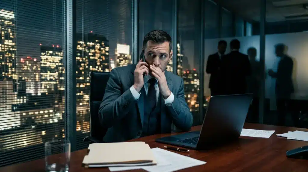 Homme en costume téléphone dans bureau moderne surplombant ville