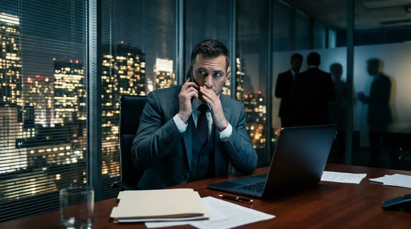 Homme en costume téléphone dans bureau moderne surplombant ville