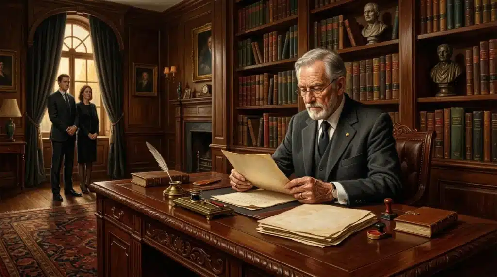 Homme âgé lisant des documents dans un bureau luxueux de style classique.